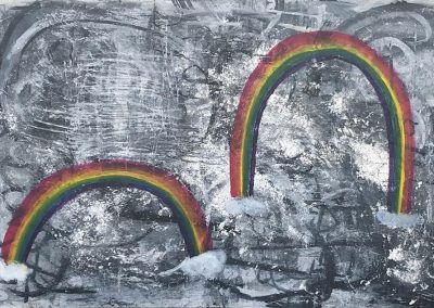 <b>Miracle, 2017–2018</b><br/>Oil, oil pastel, silver leaf on panel<br/>6 ' x 4' (horizontal)