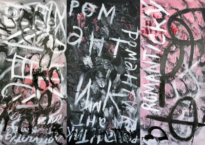 <b>Romantic, 2018 (triptych)</b><br/>Oil, enamel on panel<br/>6 ' x 4' or 4' x 6'  (horizontal or vertical; three 2' x 4' modular panels which can be arranged multiple ways)