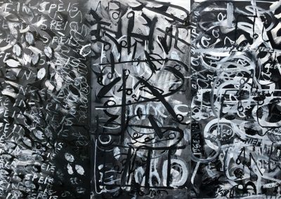 <b>Self-Mastery; Self-Esteem; Self-Discipline, 2018 (triptych)</b><br/>Guache, oil on panel<br/>6 ' x 4' (horizontal)